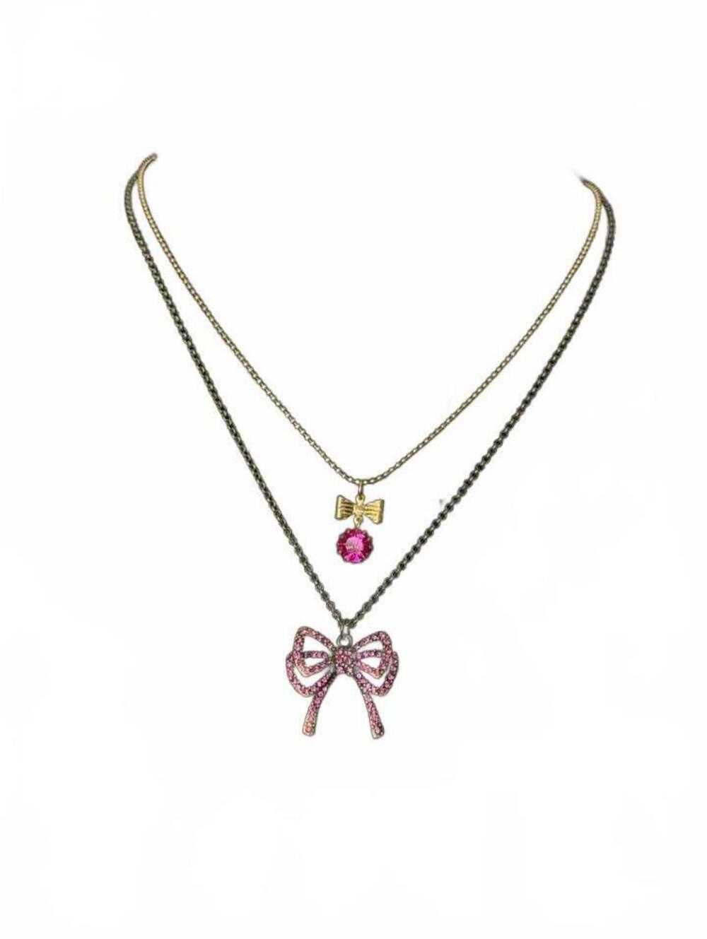 Betsy Johnson Double Layer Pink Bow Crystal Necklace. NWOT